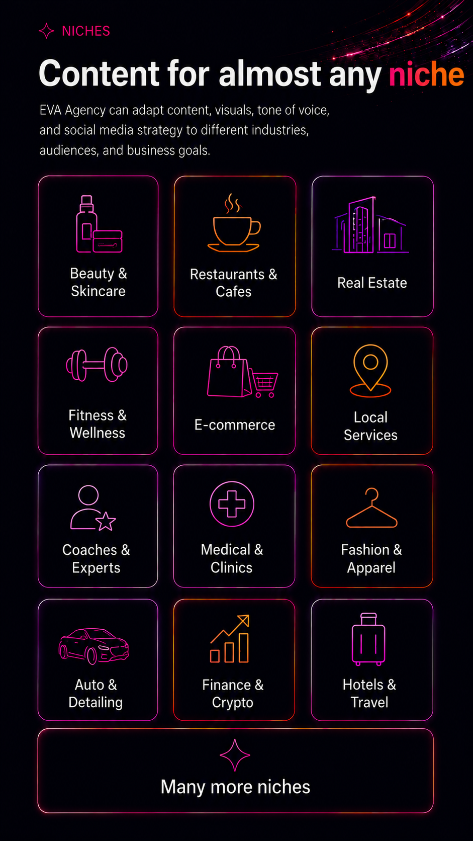 Content for almost any niche including beauty, restaurants, real estate, fitness, ecommerce, local services, coaches, medical clinics, fashion, auto detailing, finance, hotels and travel.
