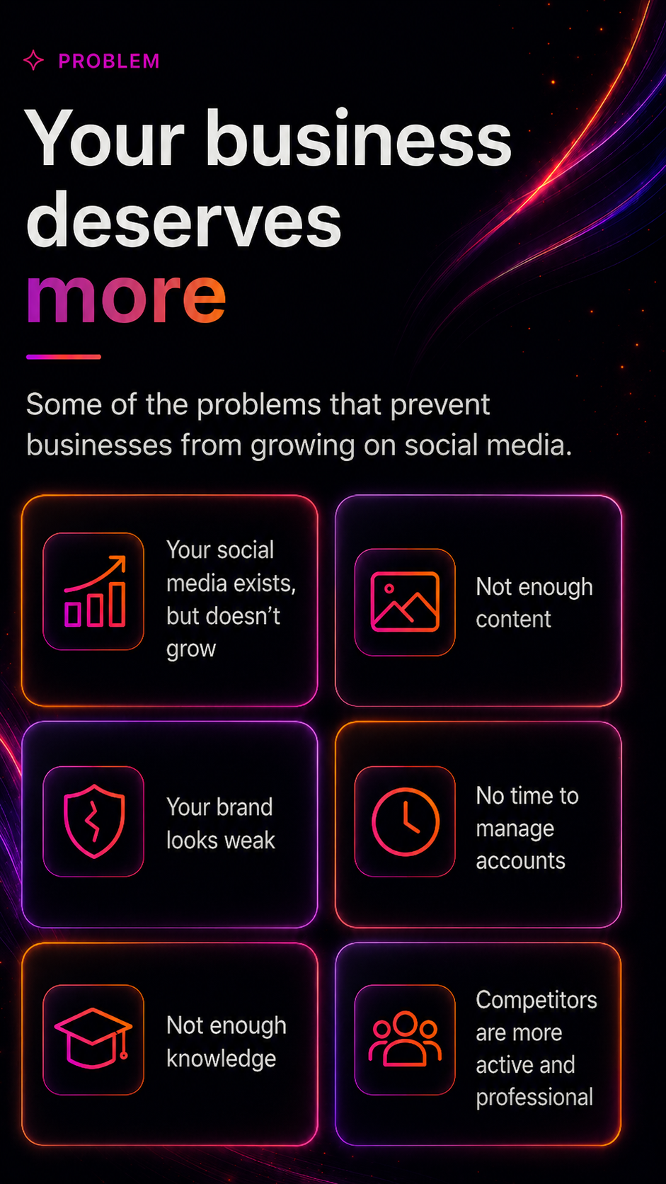Your business deserves more. Problems include weak social media growth, not enough content, weak brand, no time, not enough knowledge, and more active competitors.